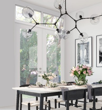 French doors opening from a bright dining room