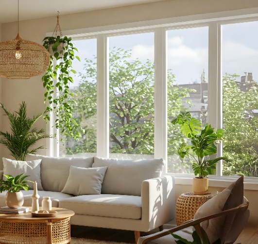 Bright Florida living room with PGT® WinGuard impact windows